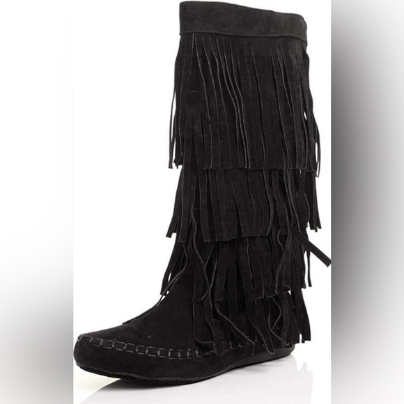 Mudd-55 Black Fringe Knee Boots - Picture 2 of 5